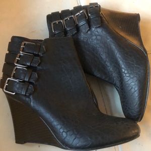 Black Faux Leather Wedge Ankle Booties